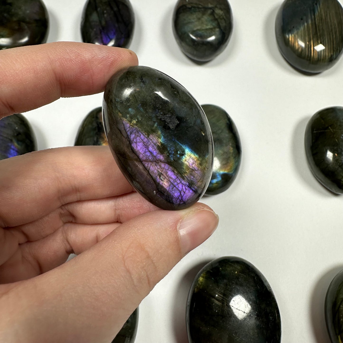Purple flash Labradorite Palm Stone (B)