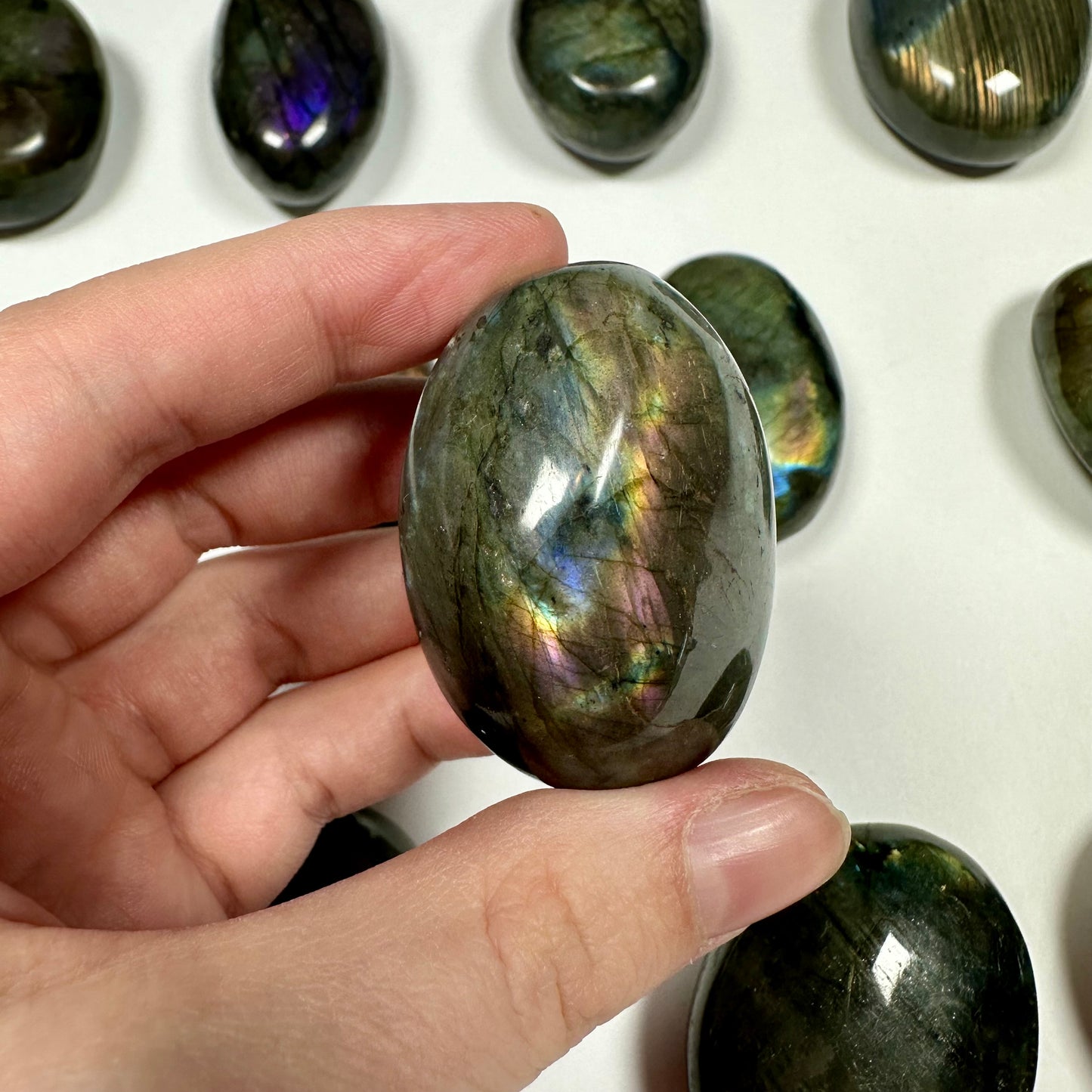Purple flash Labradorite Palm Stone (E)